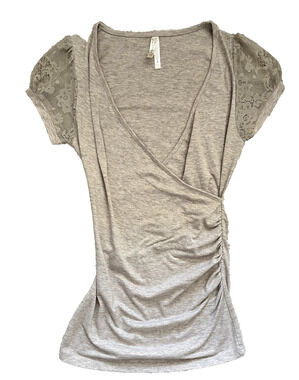 Women's Size Small Color Story Beige Brown Wrap Tee with Mesh Puffed Sleeves Y2K